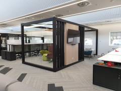Office Pod - Black Stained Oak Frame - Glazing - Oak Veneered TV Wall - Magnetic Whiteboards - Steel Top Bracing (2)