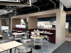 Canteen Area Seating _ Tea Station - Oak Veneered Walls _ Ceiling - Upholstered Seating - Oak Veneered Tables - Powdercoated Metal Tables Bases (1)