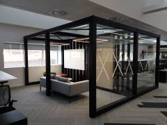 Office Pod - Black Stained Oak Frame - Glazing - Oak Veneered TV Wall - Magnetic Whiteboards - Steel Top Bracing (7)