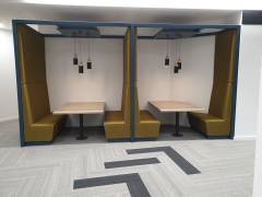 Booth Seating - Painted Solid Wood Frame - Upholstered Seats _ Backs - Oak Veneered Tables with Powdercoated Metal Bases (2)