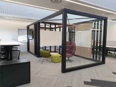 Office Pod - Black Stained Oak Frame - Glazing - Oak Veneered TV Wall - Magnetic Whiteboards - Steel Top Bracing (8)